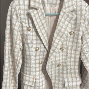 Women's Cream and Tan Plaid Double-Breasted Coat
